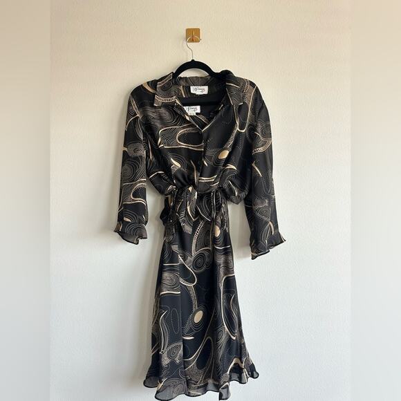 VTG 90s Abstract Swirl 2 Piece Set Size 12 Sheer Button Blouse Midi Slip Dress - Picture 1 of 6